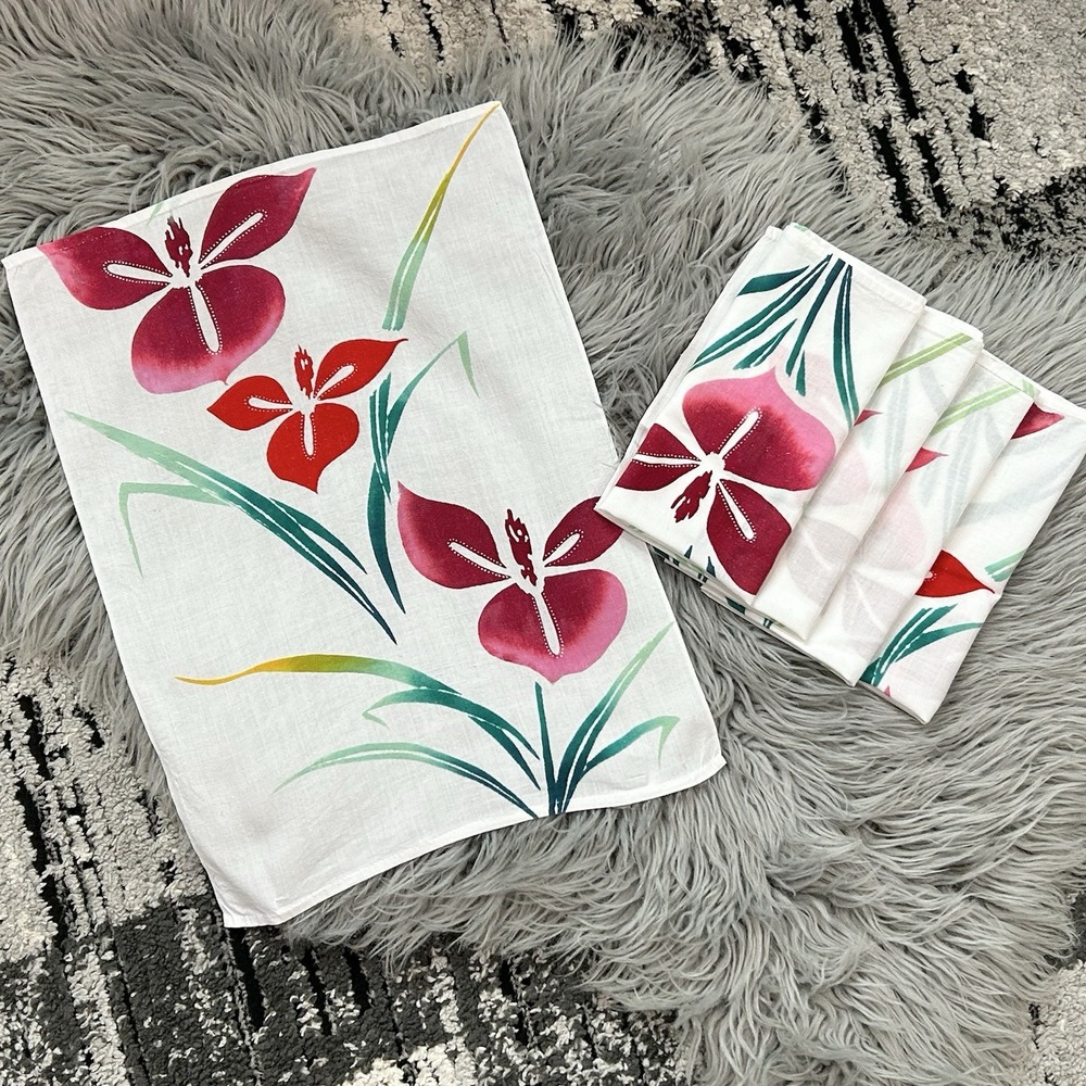 Vintage Cotton (5) White Cloth Napkins Tropical Floral Textile w/Red & Pink Hues